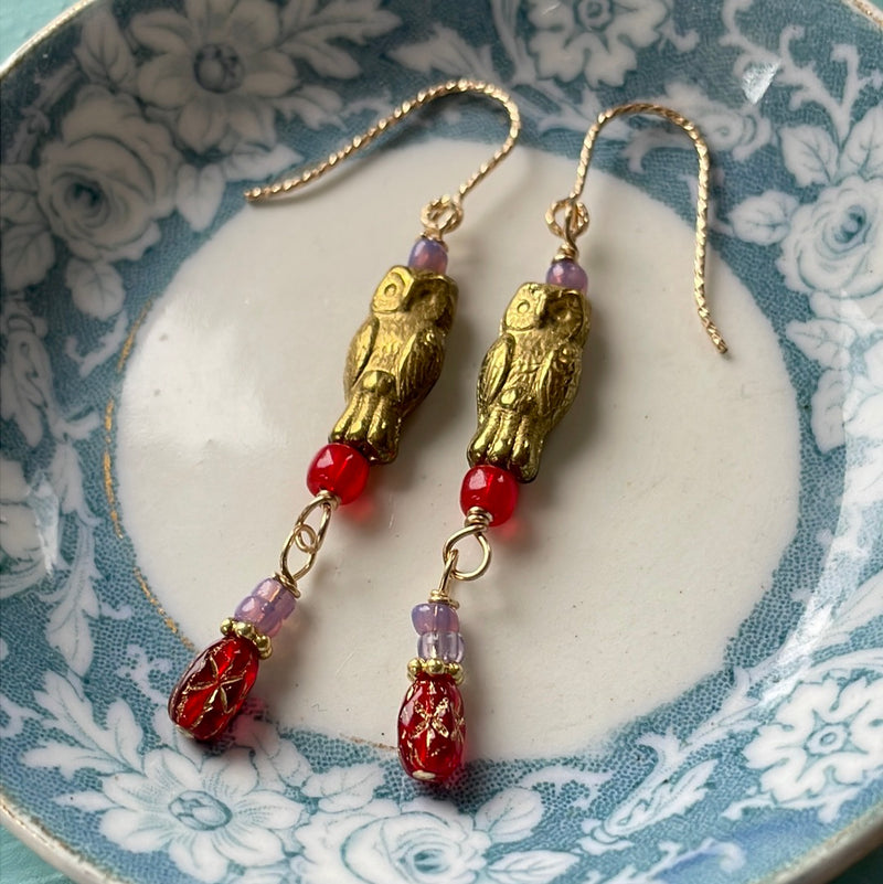 Celestial Owl Earrings - Bohemian Glass - Gold Filled - Handmade
