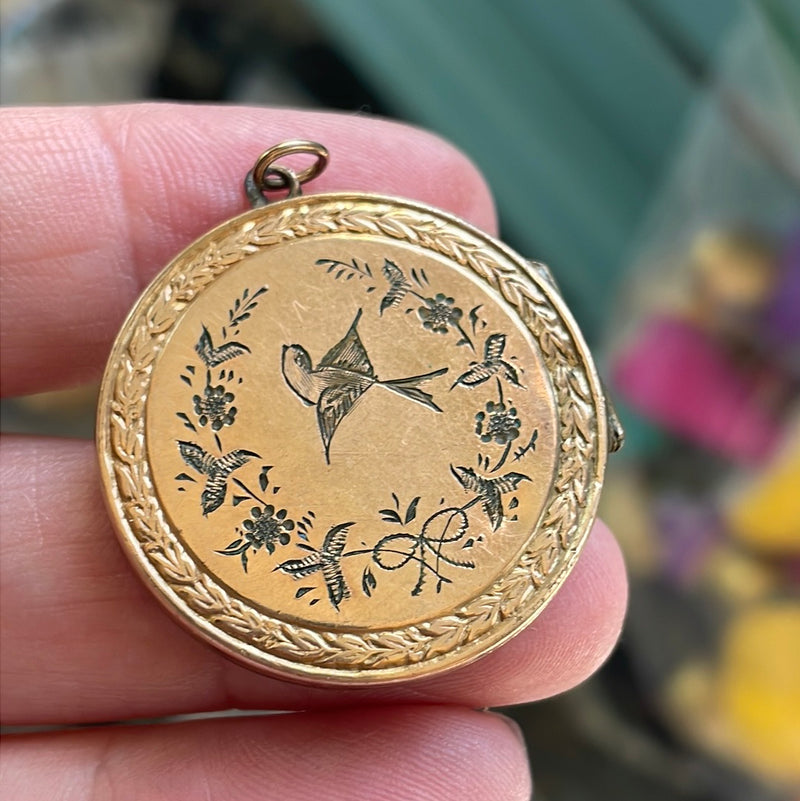 Bird Locket - Gold Filled - Antique