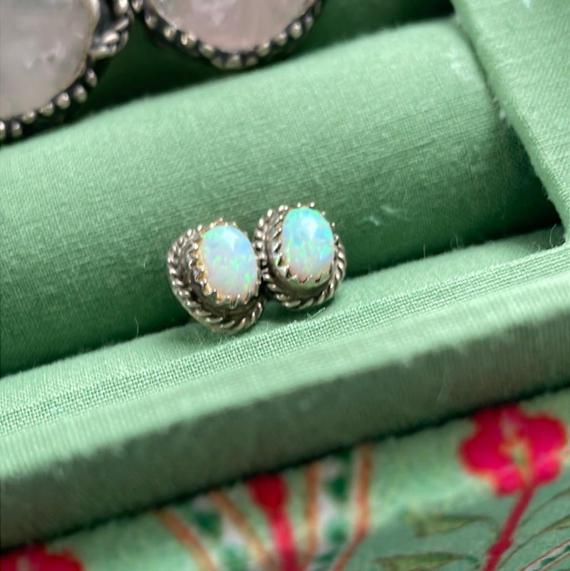 Opal Stud Earrings - Sterling Silver - Vintage