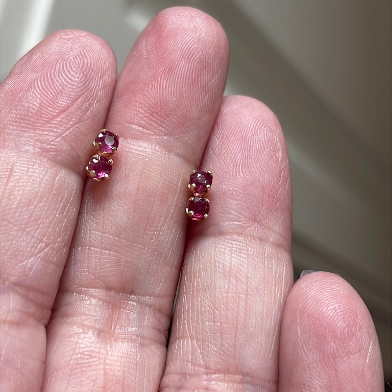 Double Ruby Stud Earrings - 14k Gold - Vintage