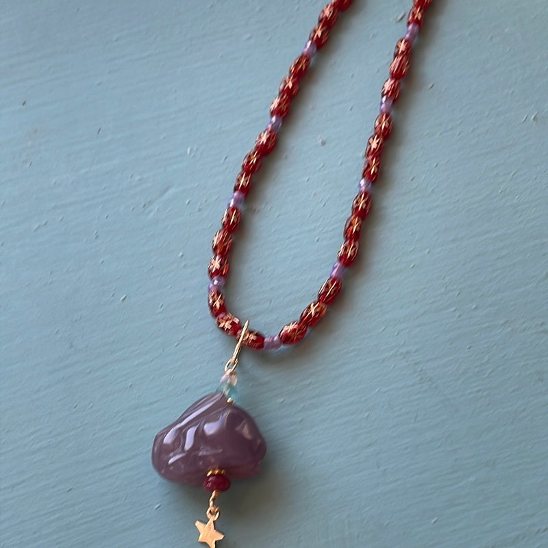 Red Starry Necklace - Bohemian Purple Glass - Gold Filled - Handmade