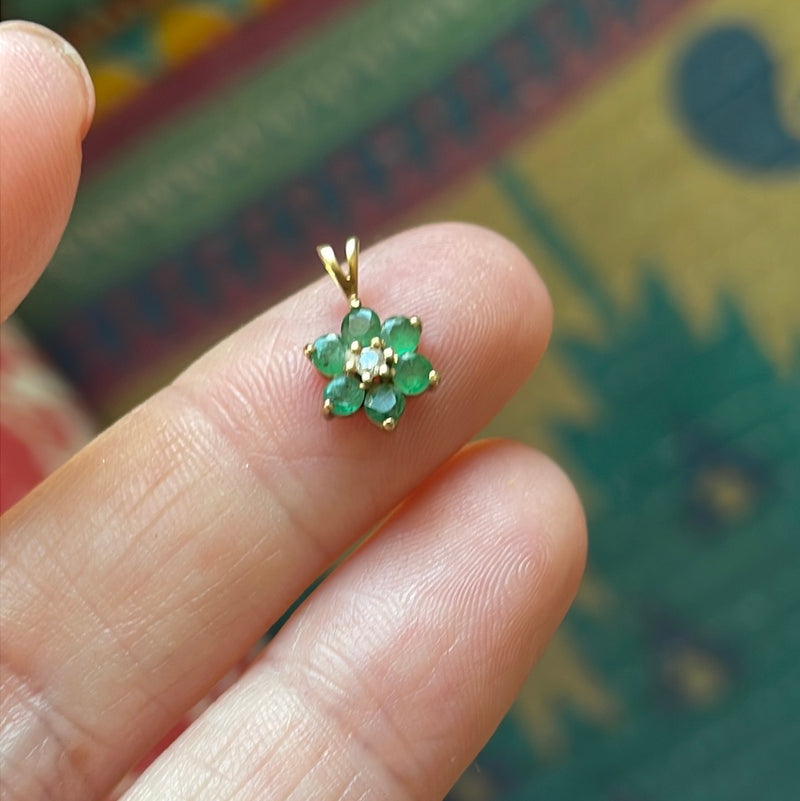 Emerald Diamond Flower Pendant - 14k Gold - Vintage