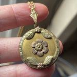 Flower Locket Necklace - Rose and Yellow Gold - Engraved - 1940s - Vintage