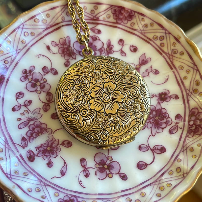 Engraved Flower Locket - Gold Filled - Antique