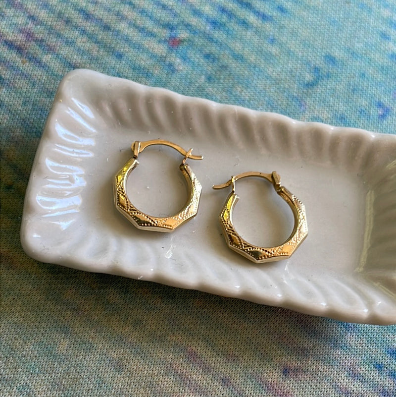 Dainty Engraved Gold Hoop Earrings - 10k Gold - Vintage