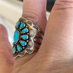 Turquoise Cluster Ring - Engraved - Sterling Silver - Vintage