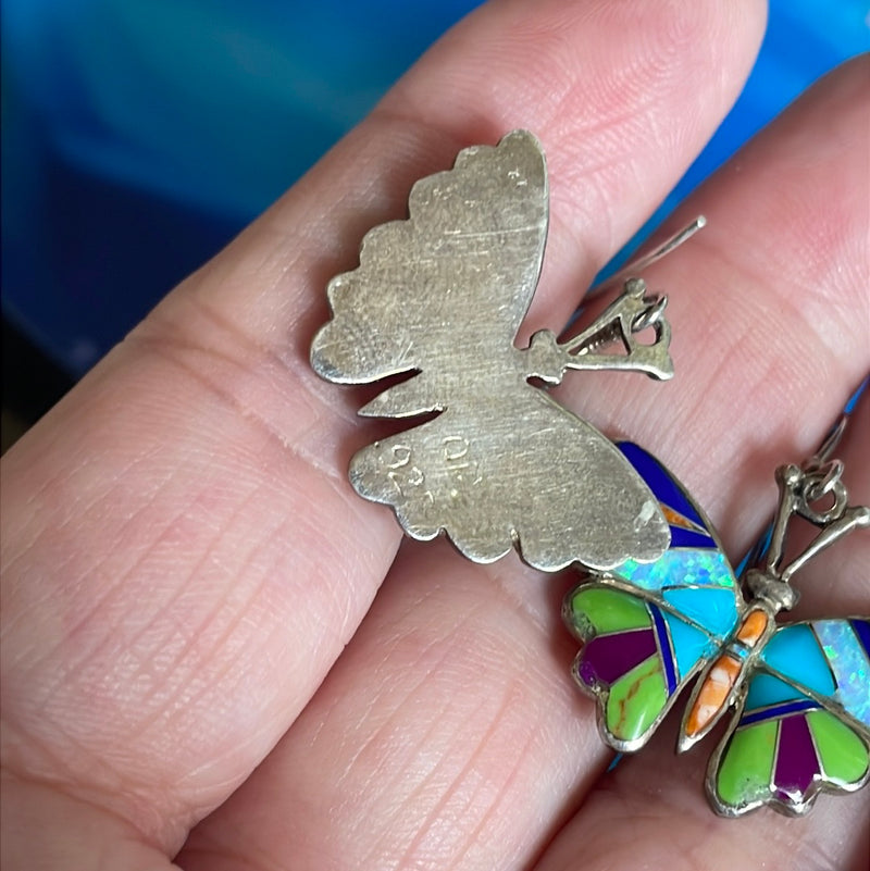 Inlay Butterfly Earrings - Lapis, Opal, Spiny Oyster, Turquoise, and Charoite - Sterling Silver - Vintage