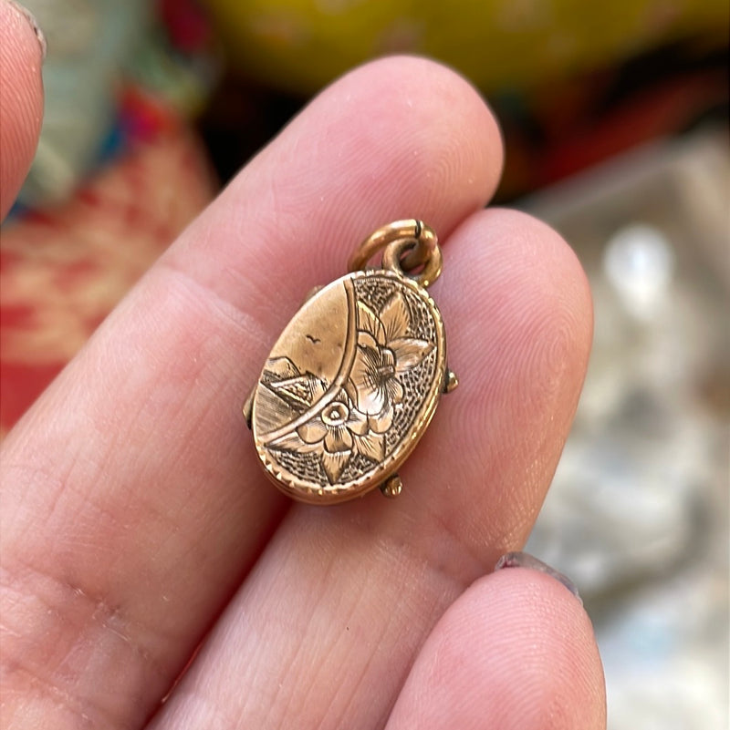 Engraved Dainty Flower Locket - Gold Filled - Antique - As Found