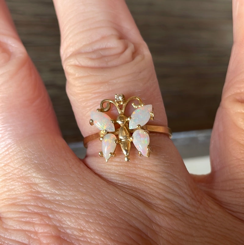 Opal Butterfly Ring - Diamond - 14k Gold - Vintage