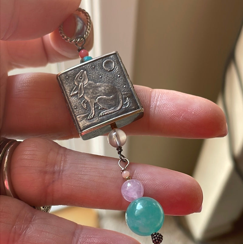 Lucky Rabbit Talisman Pendant - Anne Choi Collectable Bead - Amazonite, Moonstone, Coral and Kunzite - Sterling Silver - Handmade