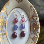 Sapphire, Garnet and Tanzanite Drop Earrings - Seed Pearl - Gold Filled - Handmade