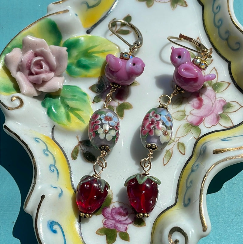 Bird Berry Earrings - Lampwork Beads - Goldfilled - Handmade