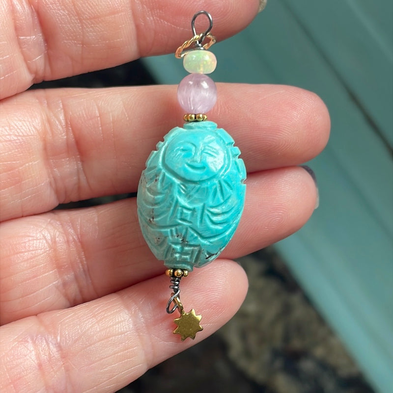 Carved Turquoise Buddha Pendant - Lavender Jade and Opal - Star Drop - Gold Filled - Handmade