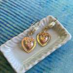 Engraved Heart Earrings - Pearl, Rose and Yellow Gold - 14k Gold - Vintage