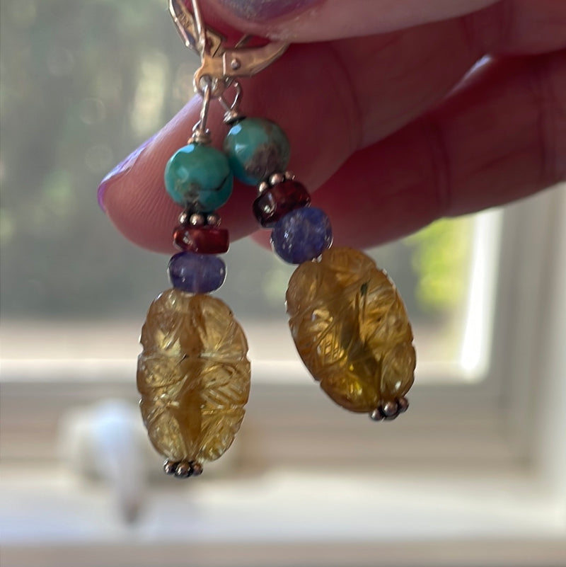 Carved Citrine Earrings - Turquoise, Garnet and Tanzanite - Sterling Silver - Vintage