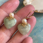 Jade Heart Earrings - Pearl - 14k Gold - Vintage