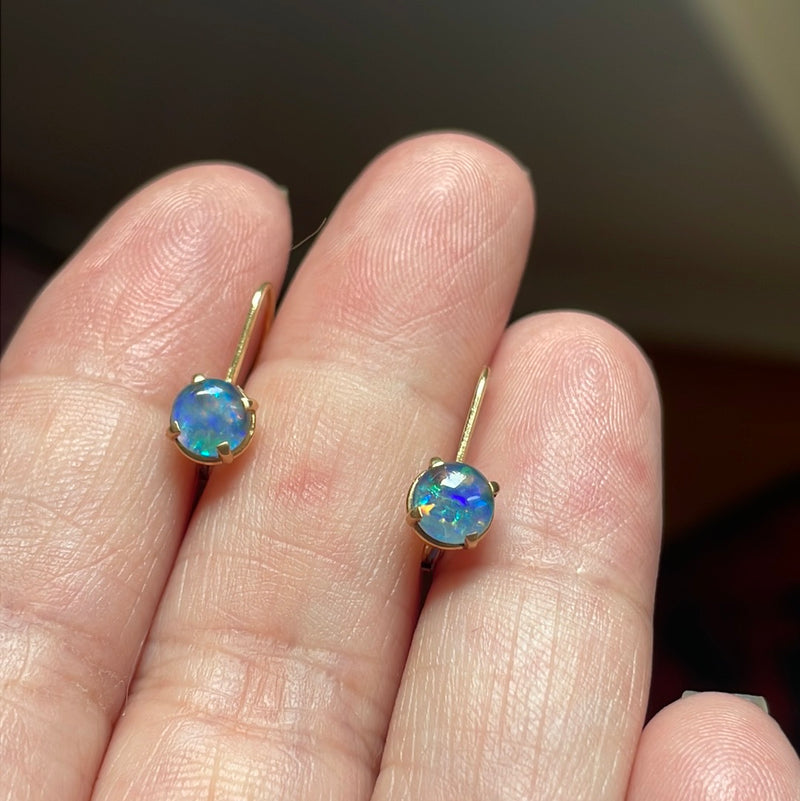 Blue Opal Leverback Earrings - 14k Gold - Vintage