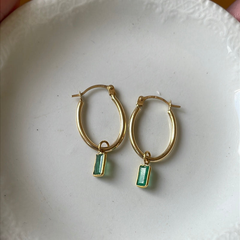 Emerald Oval Hoop Drop Earrings - 14k Gold Hoops and 18k Gold Drops - Vintage