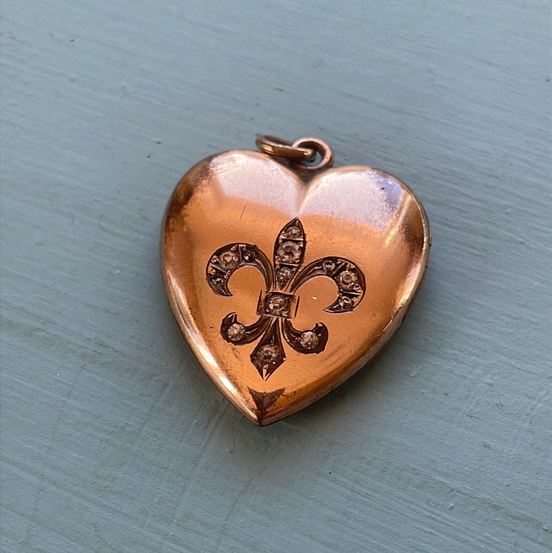 Heart Locket - Fleur de Lis - Gold Filled - Antique - As Found