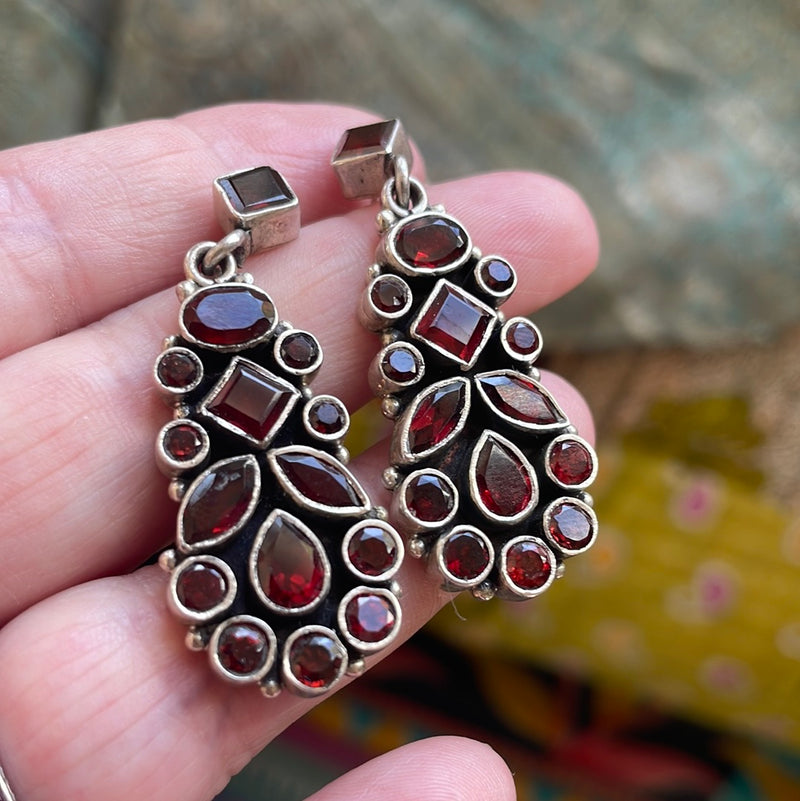 Garnet Drop Earrings - Sterling Silver - Vintage