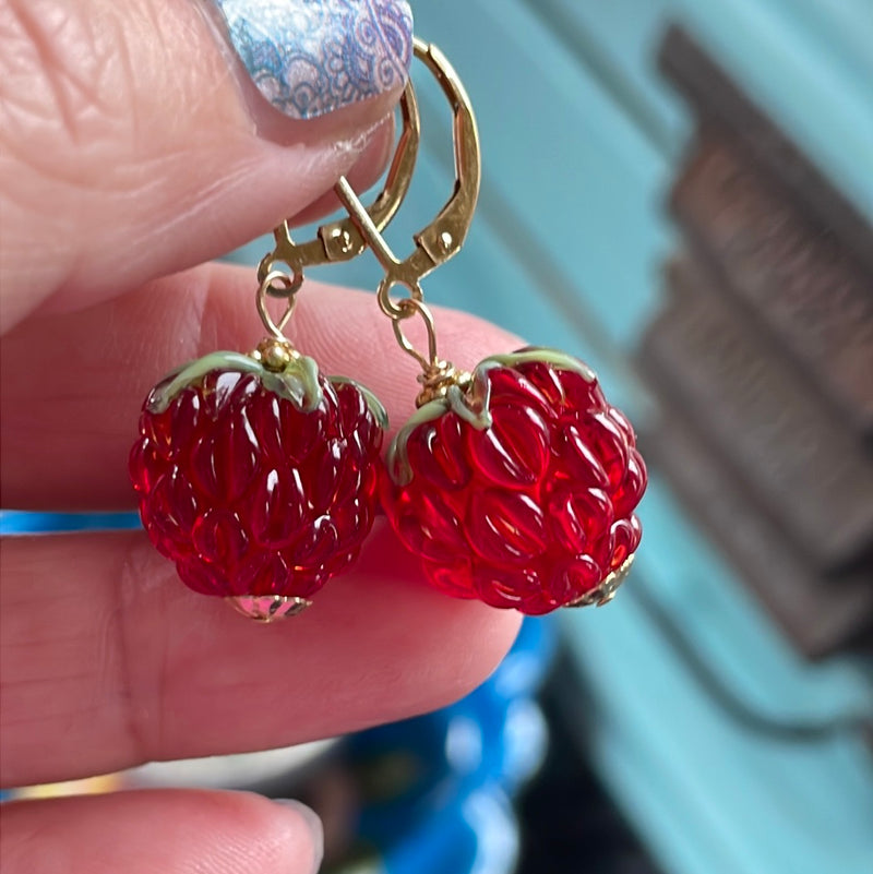 Ruby Glass Berry Earrings - Gold Filled - Handmade