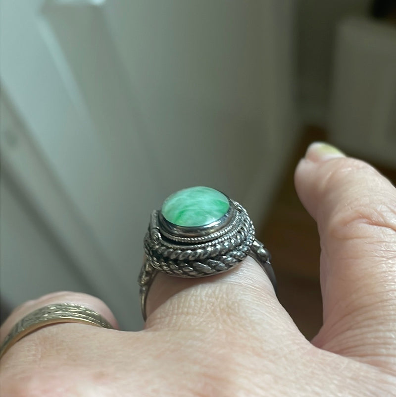 Jade Poison Ring - Carved Coral Buddha - Sterling Silver - Vintage