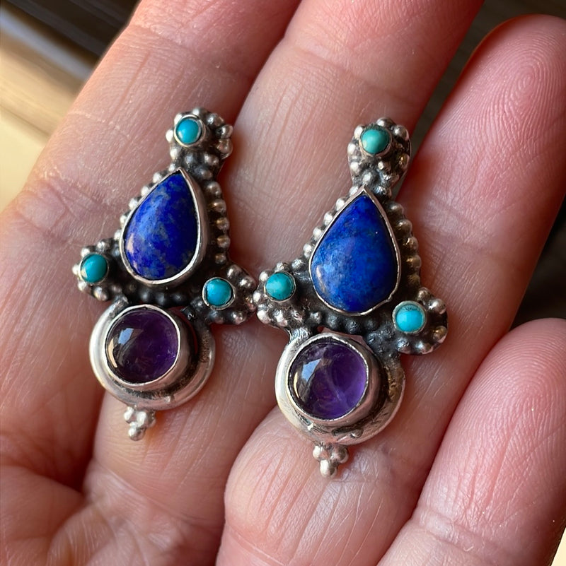 Lapis Turquoise Amethyst Earrings - Sterling Silver - Vintage