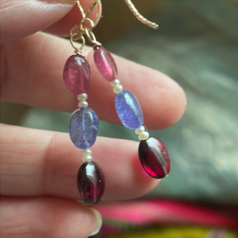 Sapphire, Garnet and Tanzanite Drop Earrings - Seed Pearl - Gold Filled - Handmade