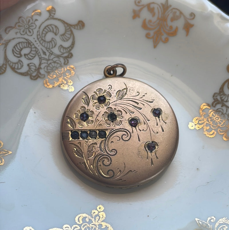 Engraved Paste Flower Locket - Gold Filled - Antique