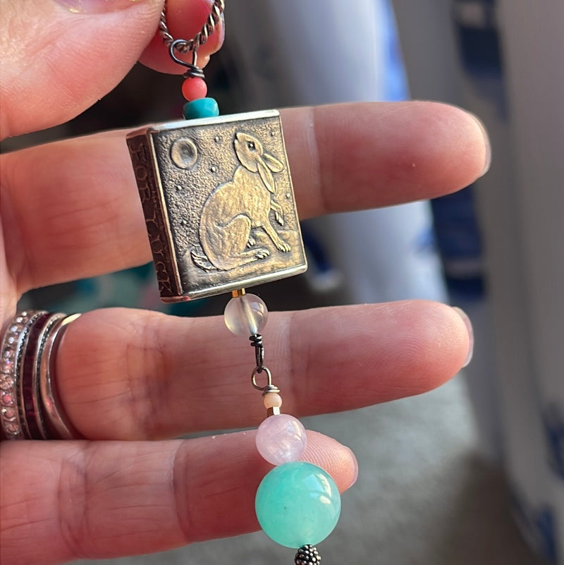 Lucky Rabbit Talisman Pendant - Anne Choi Collectable Bead - Amazonite, Moonstone, Coral and Kunzite - Sterling Silver - Handmade