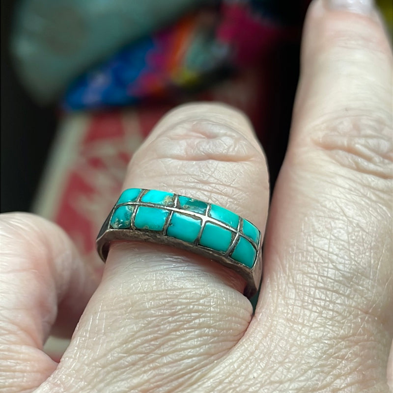 Turquoise Inlay Ring - Sterling Silver - Vintage