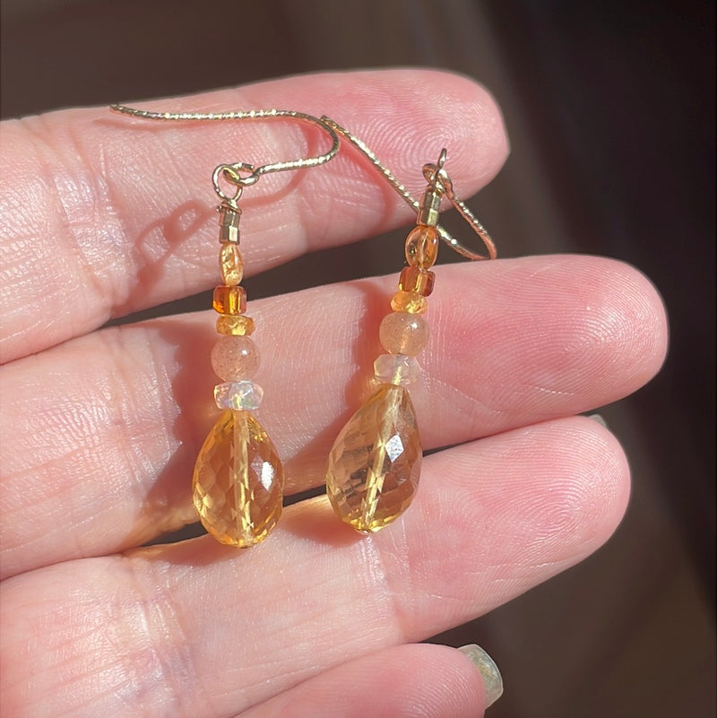 Autumnal Earrings - Citrine, Opal, Peach Moonstone, Yellow Sapphire and Topaz - Gold Filled - Handmade