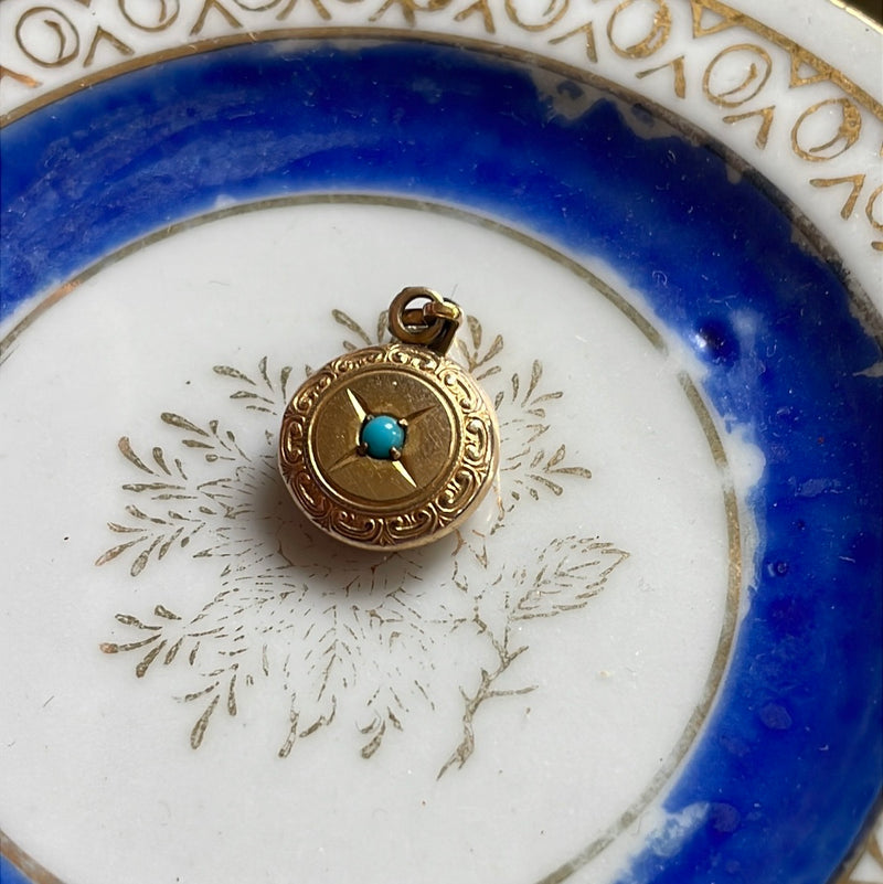 Turquoise Glass Baby Locket - Gold Filled - Vintage