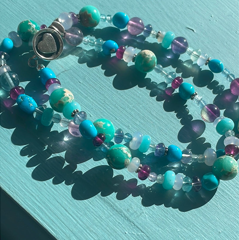 Ocean Confetti One of a Kind Necklace - Turquoise, Chalcedony, Fluorite and Amazonite - Sterling Heart Clasp - Handmade