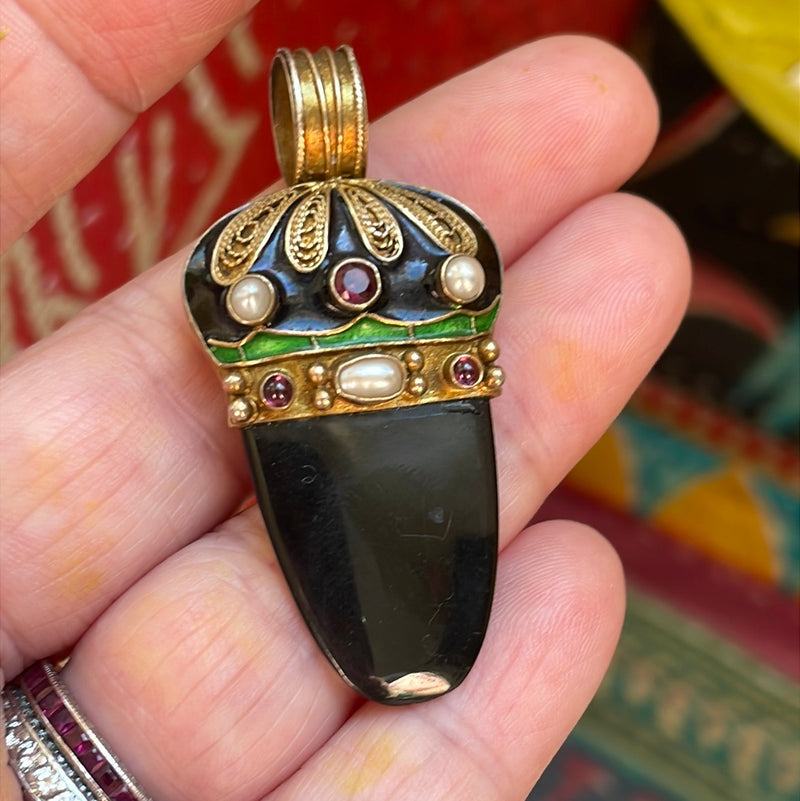 Onyx Pendant - Garnet, Pearl, Enamel - Vermeil - Vintage