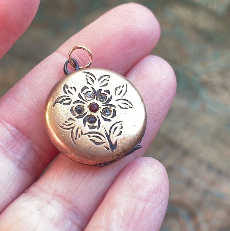 Paste Flower Locket - Gold Filled - Antique