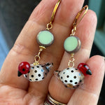 Polka Dot Bird Earrings - Turquoise Glass - Gold Filled - Handmade