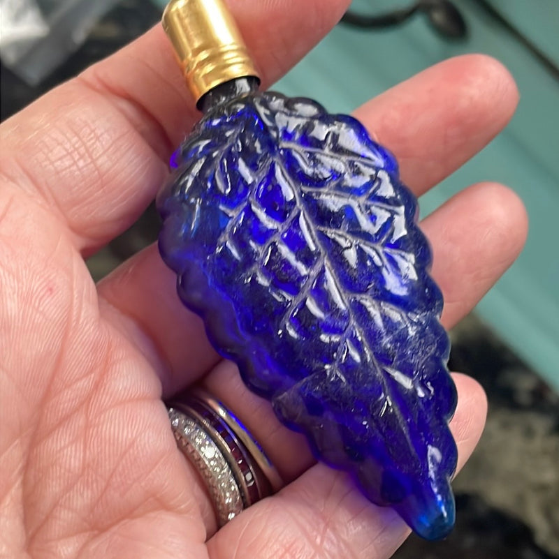 Cobalt Glass Leaf Bottle - Vintage