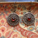 Garnet Medallion Earrings - Sterling Silver - Vintage