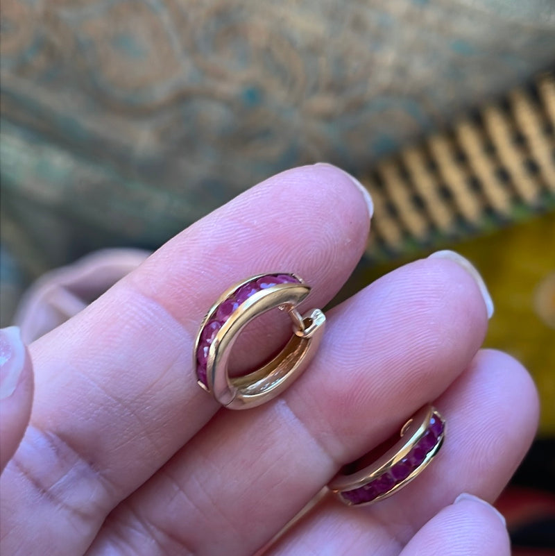 Ruby Huggie Hoop Earrings - 10k Gold - Vintage