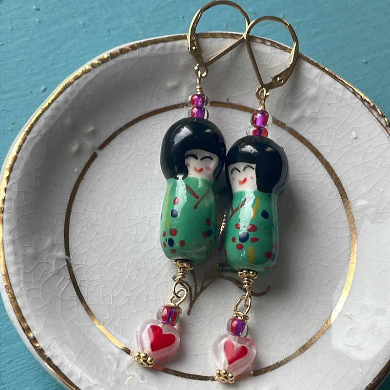 Kokeshi Sister Earrings - Gold Filled - Handmade