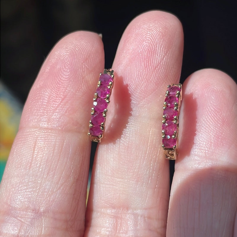 Ruby Hoop Earrings - 10k Gold - Vintage