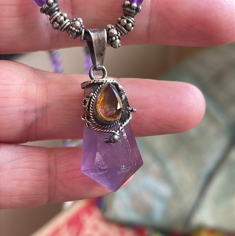 Amethyst Ametrine Necklace - Beaded - Sterling Silver - Vintage