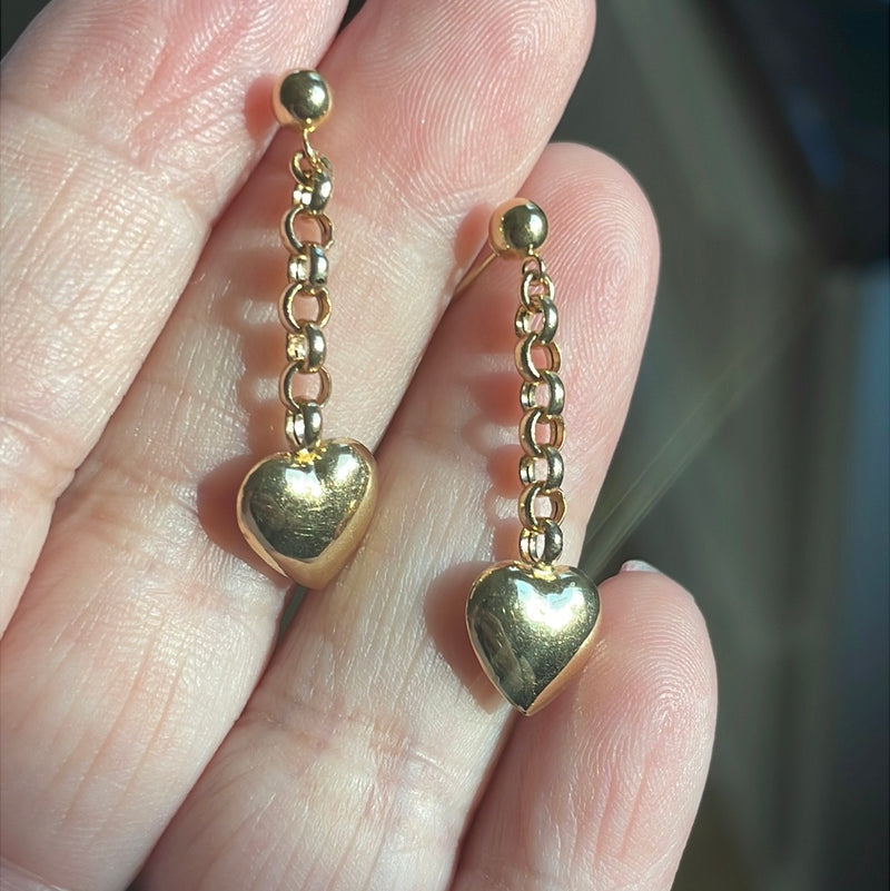 Puffy Heart Drop Earrings - 14k Gold - Vintage