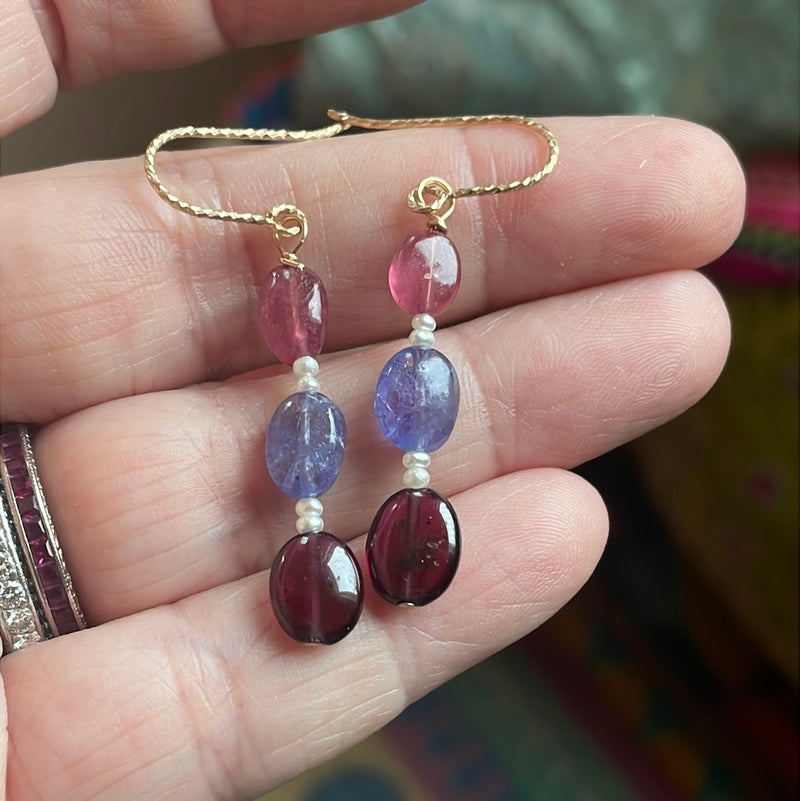 Sapphire, Garnet and Tanzanite Drop Earrings - Seed Pearl - Gold Filled - Handmade