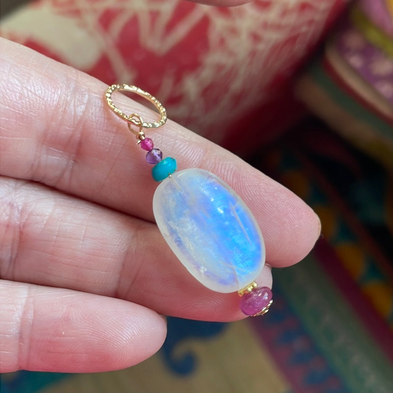 Moonstone Pendant - Turquoise, Amethyst, Ruby and Pink Sapphire - Handmade