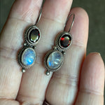 Moonstone Garnet Earrings - Sterling Silver - Vintage