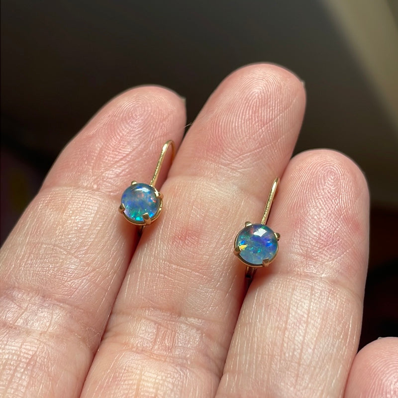 Blue Opal Leverback Earrings - 14k Gold - Vintage