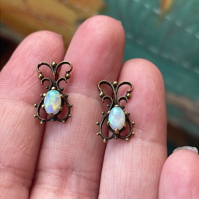 Opal Filigree Earrings - 14k Gold - Vintage