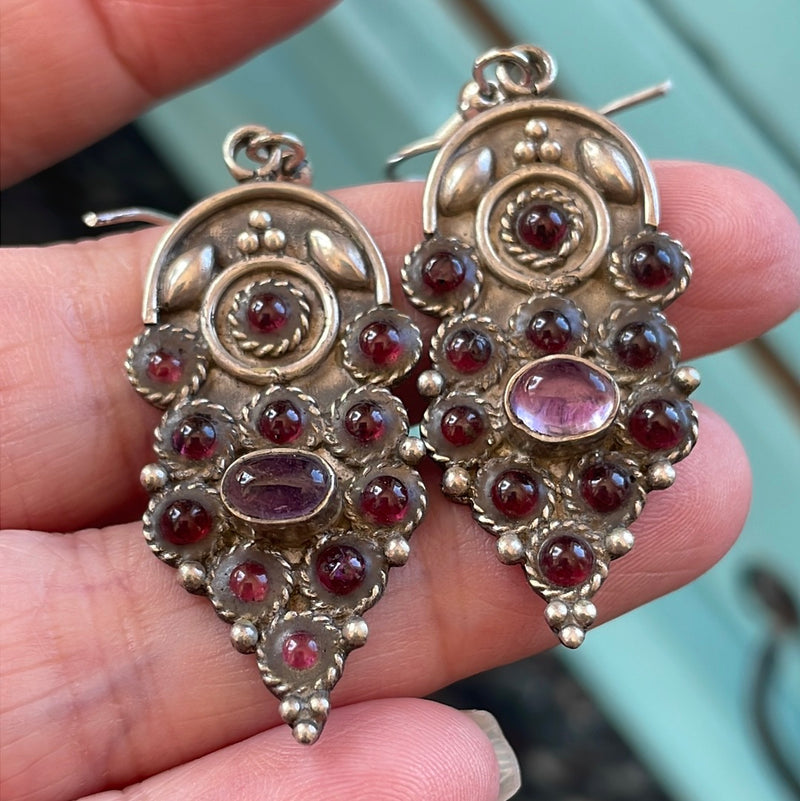 Garnet Amethyst Earrings - Sterling Silver - Vintage